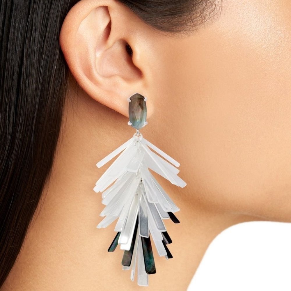 Kendra Scott Jasper White Metallic Statement Iridescent Fringe Drop Earrings